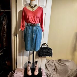 WestPort Wms Vintage Denim Pleated High Waist Knee Length Skirt Casual Cotton 26